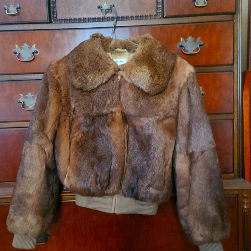 Real dyed rabbit fur bomber jacket (Dry cleaned with tags on)